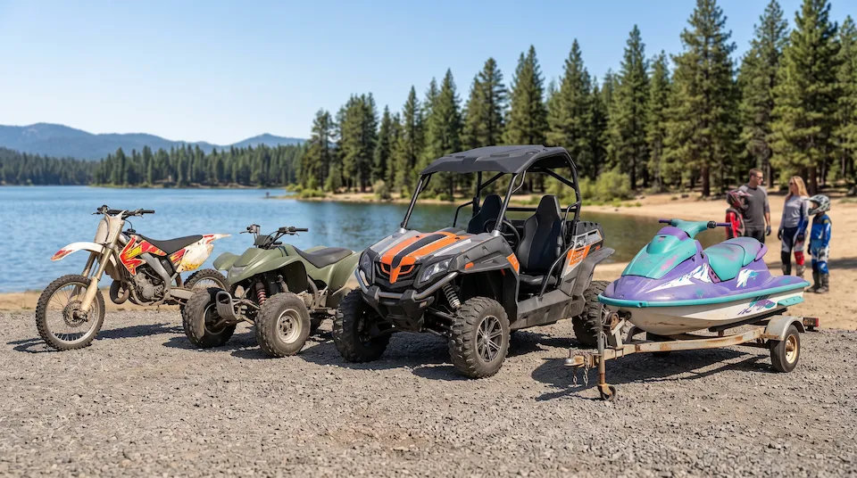 A family’s dirt bike, quad, side-by-side and jet ski parked at a lake, each in a different faded, clashing color scheme