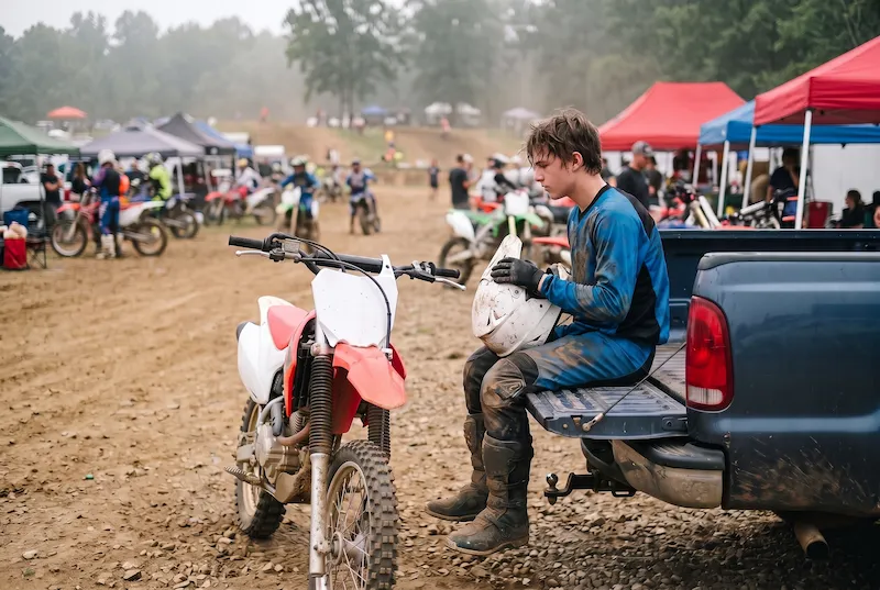 Teen rider sitting on a pickup tailgate at a motocross track, looking at his dirt bike’s blank white number plate