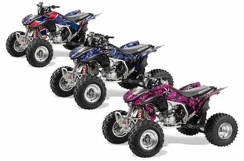 Honda TRX 450R quads shown in three custom graphic kit looks