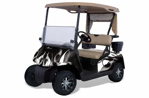 EZ-GO TXT golf cart shown in three custom graphic kit looks