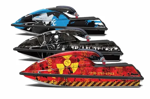 Kawasaki 750 SX stand-up jet skis shown in three custom graphic kit looks