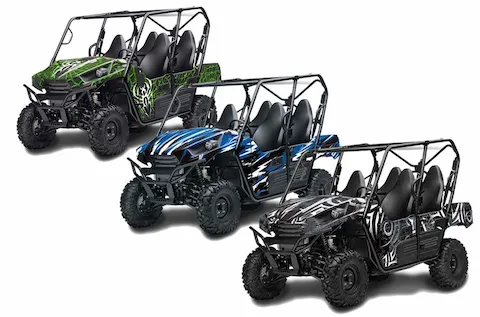 Kawasaki Teryx 800 4 Door side-by-sides shown in three custom graphic kit looks